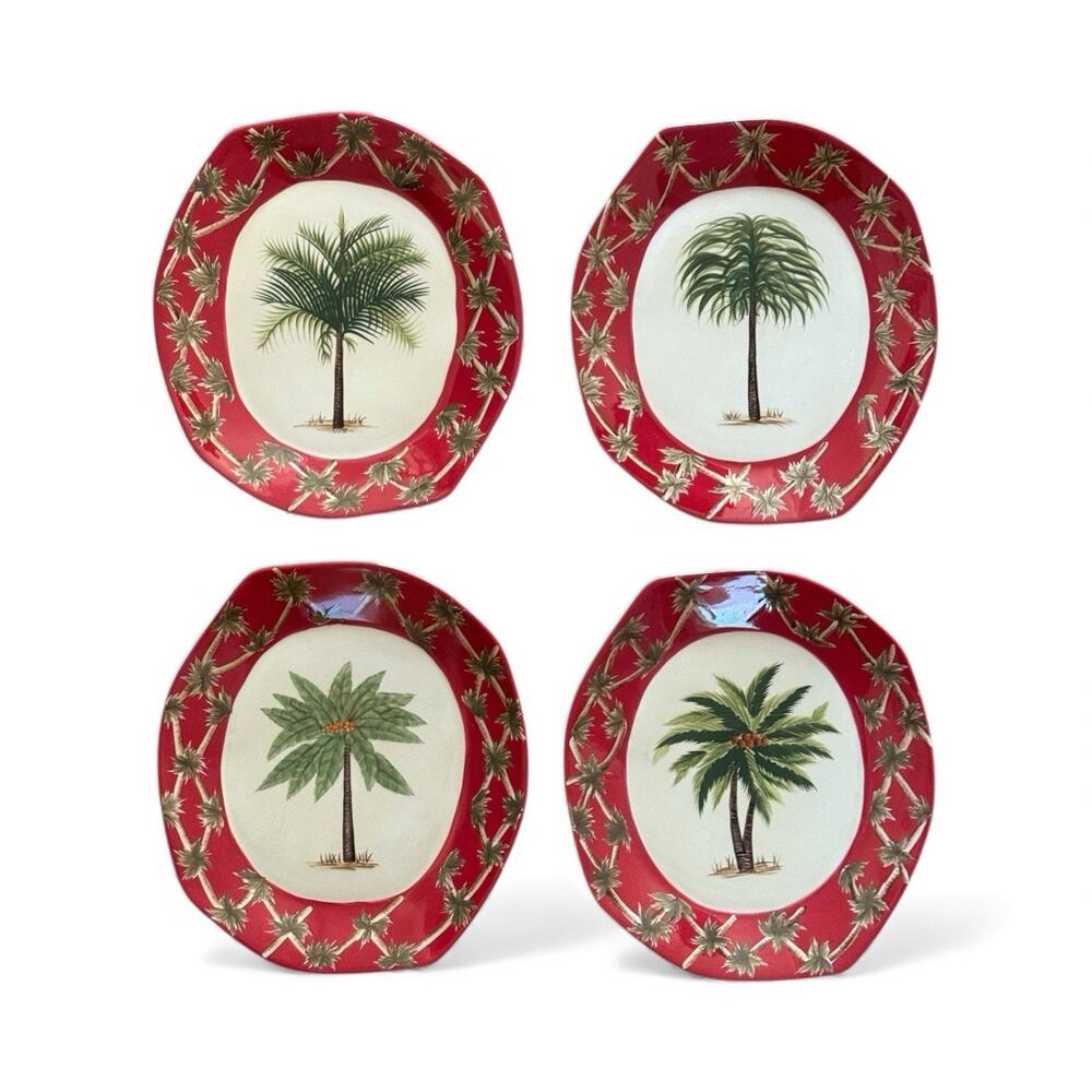 Set of 4 Pacific Rim Plates Palm Tree Green Red Border Wall Hanging Decor EUC